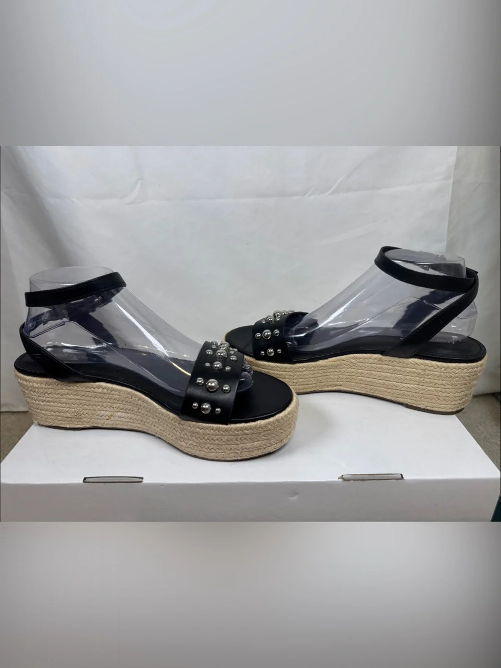 Marc Fisher Joyce Black Studded Espadrille Wedge Platform Sandal Size 10